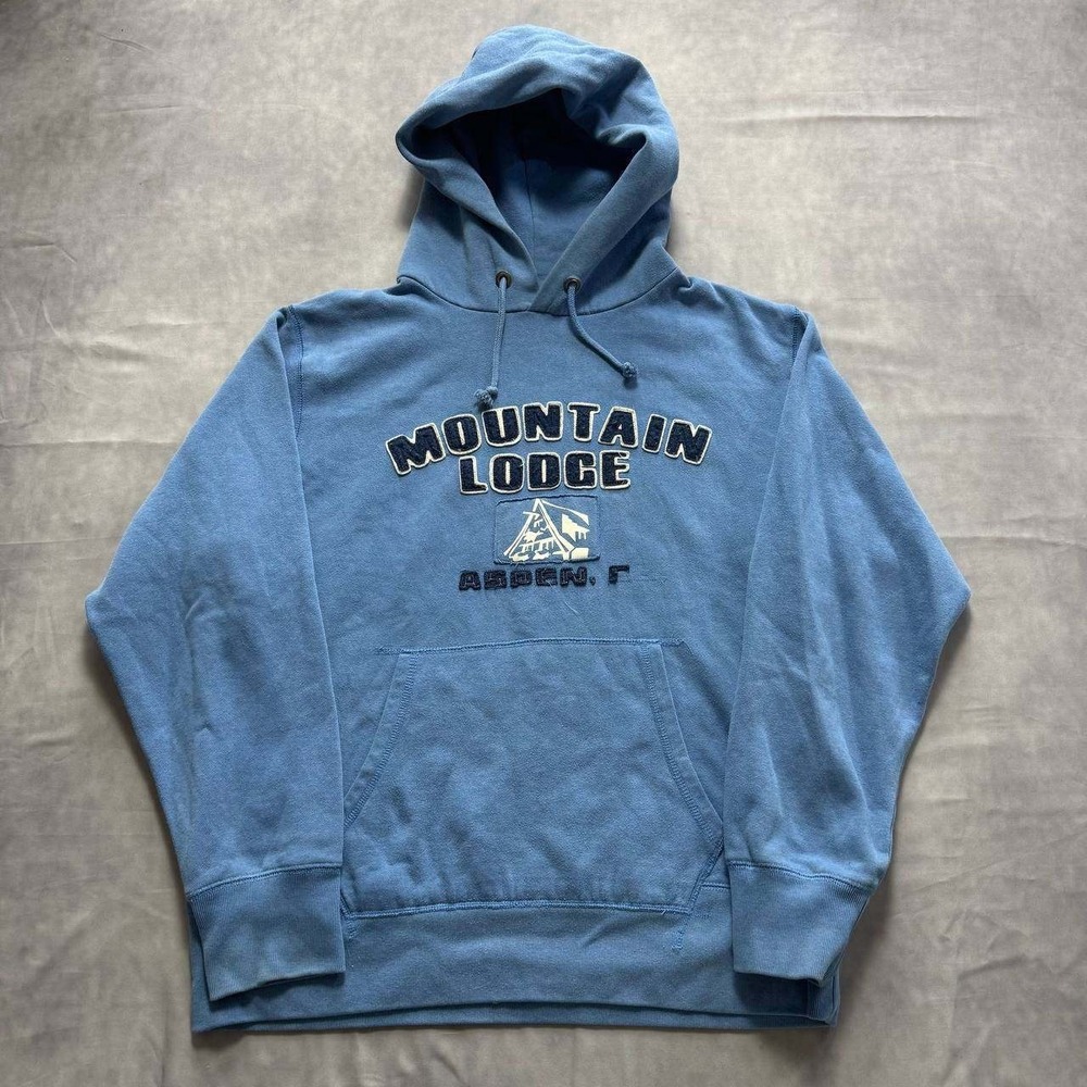 Mountain Lodge Aspen Hoodie‎ Blue Embroidered Fleece Sweatshirt Mens Medium